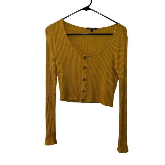 Ambiance Tops - Ambiance Mustard Yellow Crop Top Medium Long Sleeve Waffle Knit Button Accents
